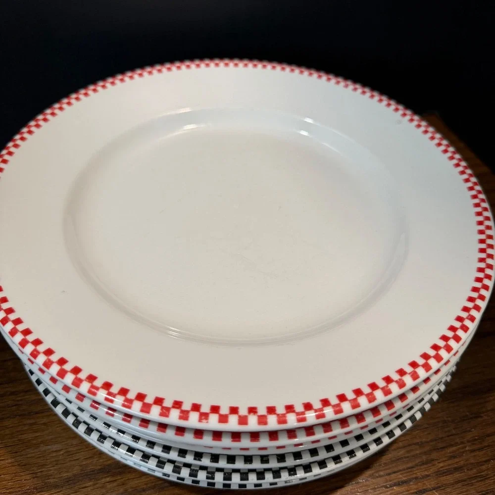 Oneida Crown Rego Checkered Dinner‎ Plates  Red Black Diner Retro 6pc
